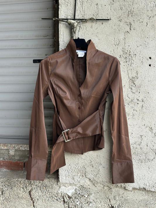 GLOSSY BELTED BROWN SHIRT