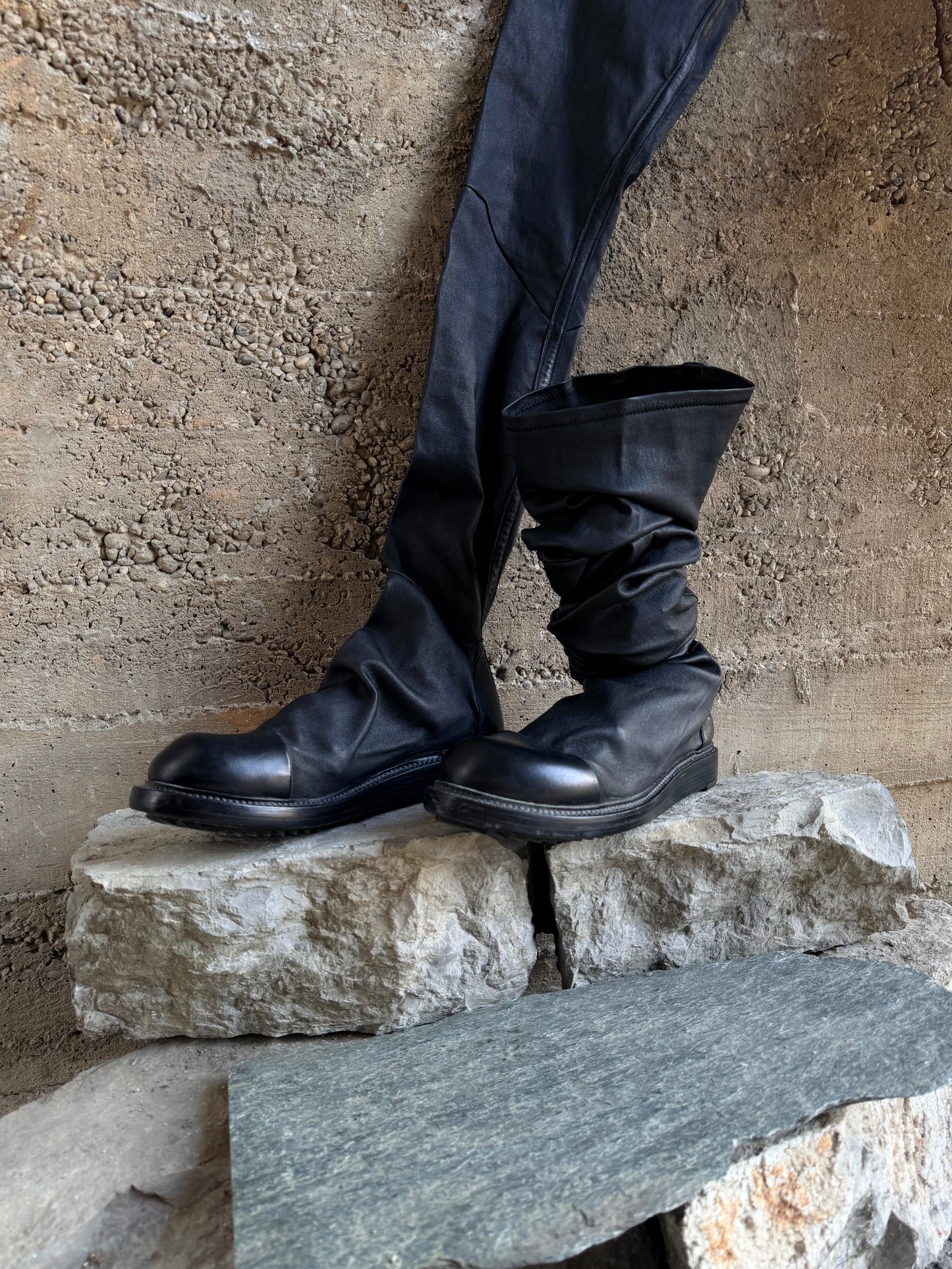 RICK OWENS LEATHER SLOUCHY BOOTS