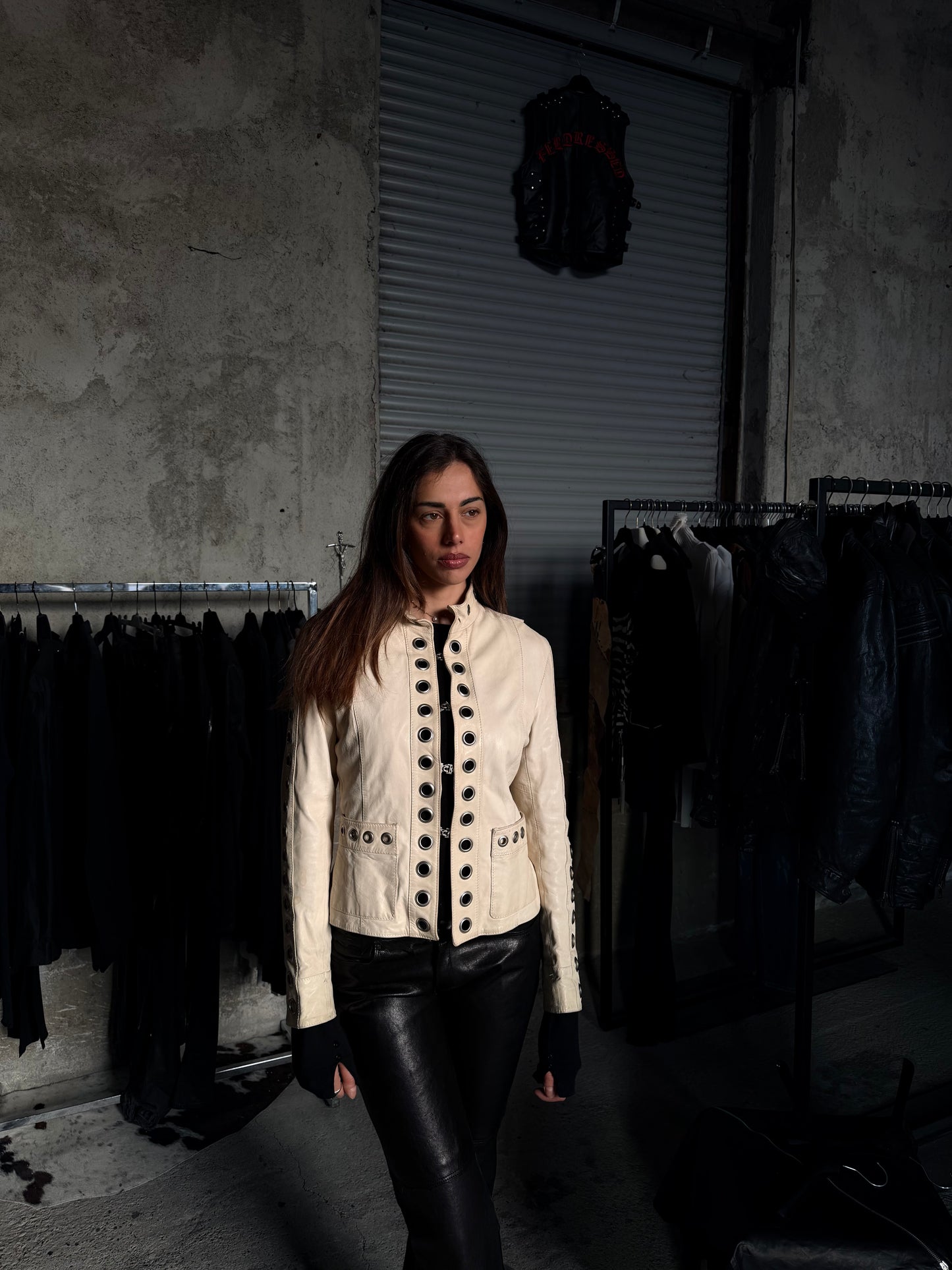 EYELETS IVORY LEATHER JACKET