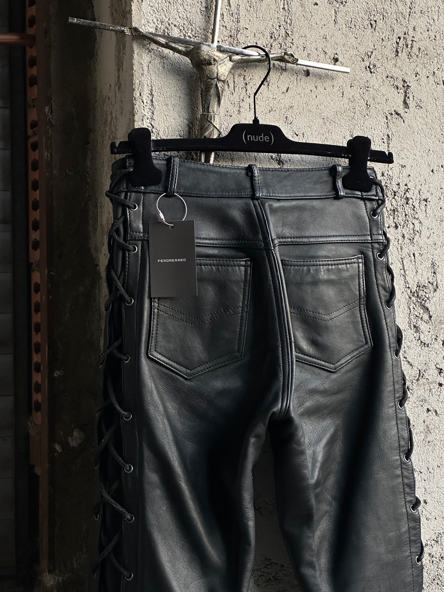 MOTOR LEATHER TROUSERS WITH SIDE LACE-UP DETAIL