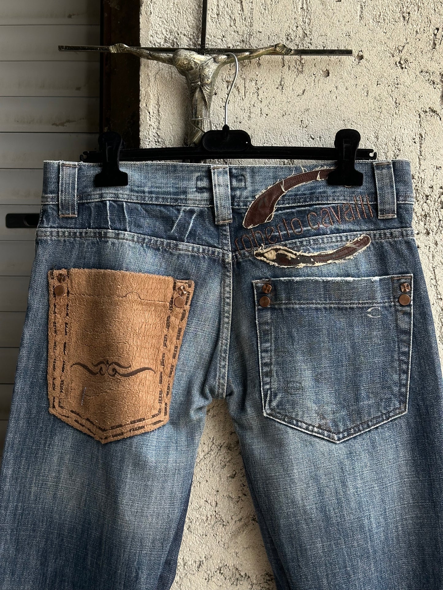 ROBERTO CAVALLI FLARED DENIM WITH BRWON LEATHER AND SUEDE