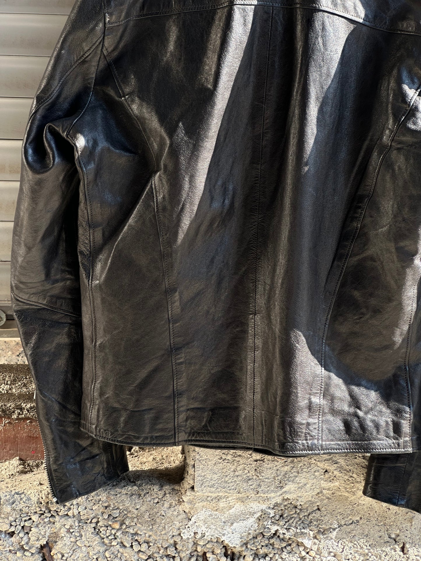 BLACK LEATHER ASYMMETRIC ZIP JACKET