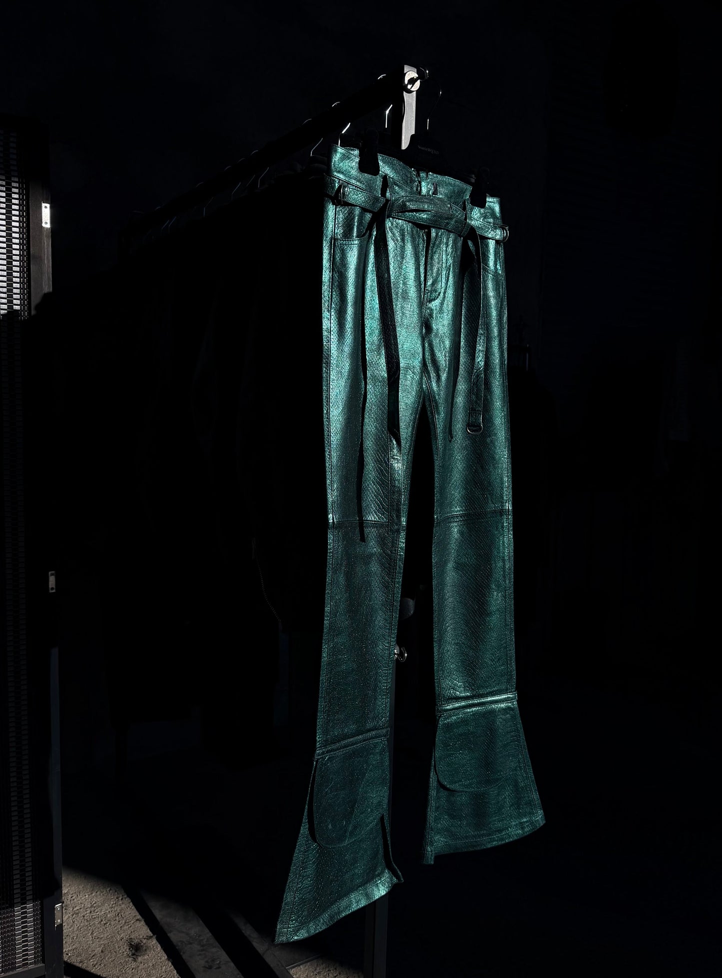 DIESEL SNAKE SKIN LEATHER FLARED PANTS