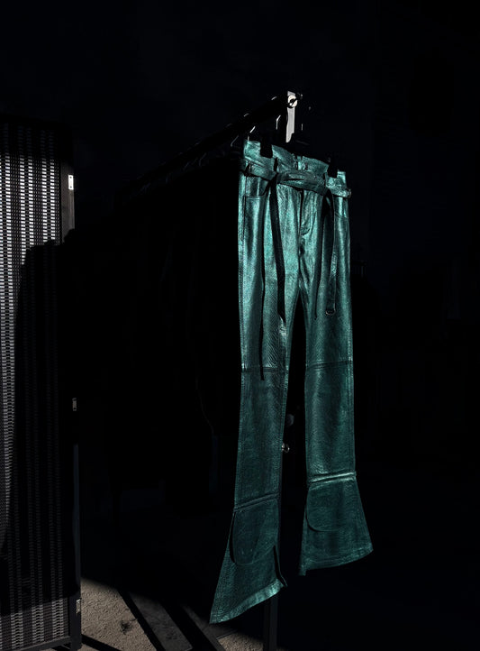 DIESEL SNAKE SKIN LEATHER FLARED PANTS