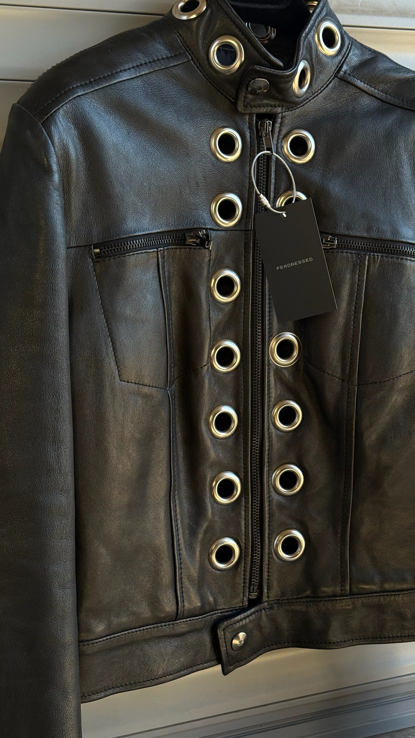 EYELETS BLACK LEATHER JACKET