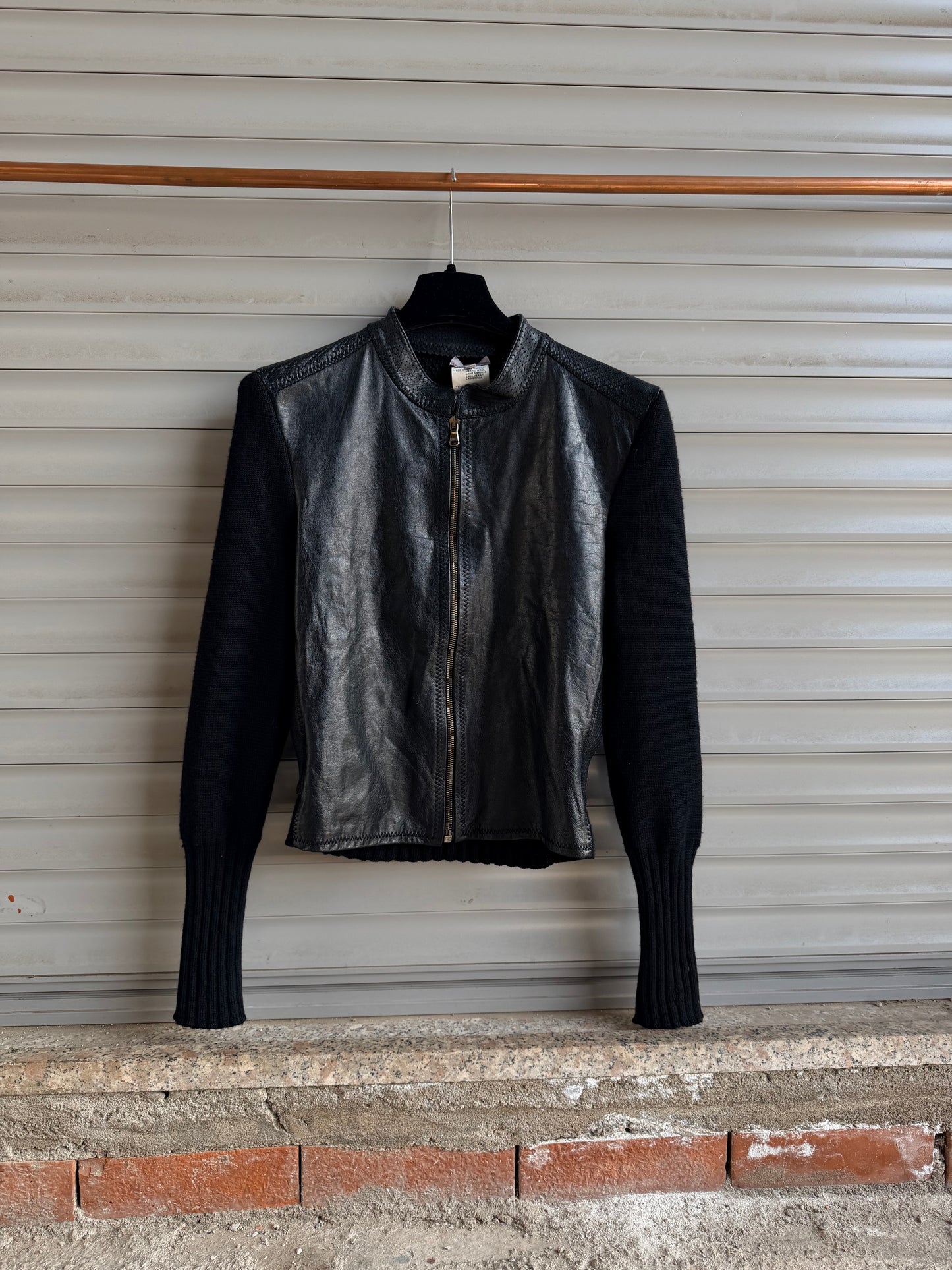 VERSACE HYBRID WOOL & LEATHER CARDIGAN