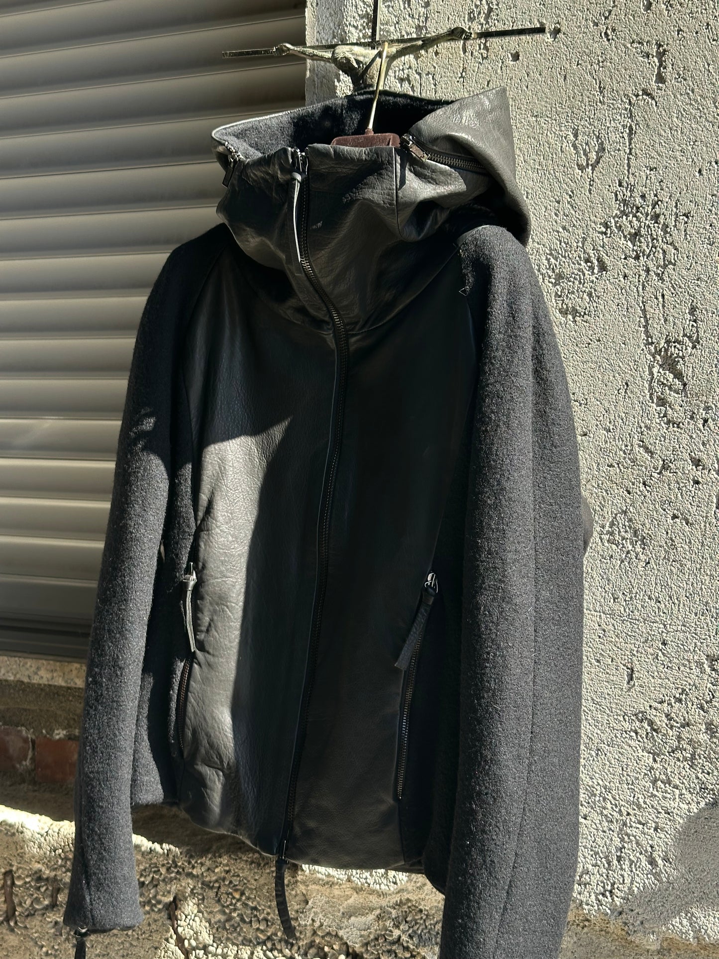 GIORGIO ARMANI LEATHER AND WOOL HOODED JACKET