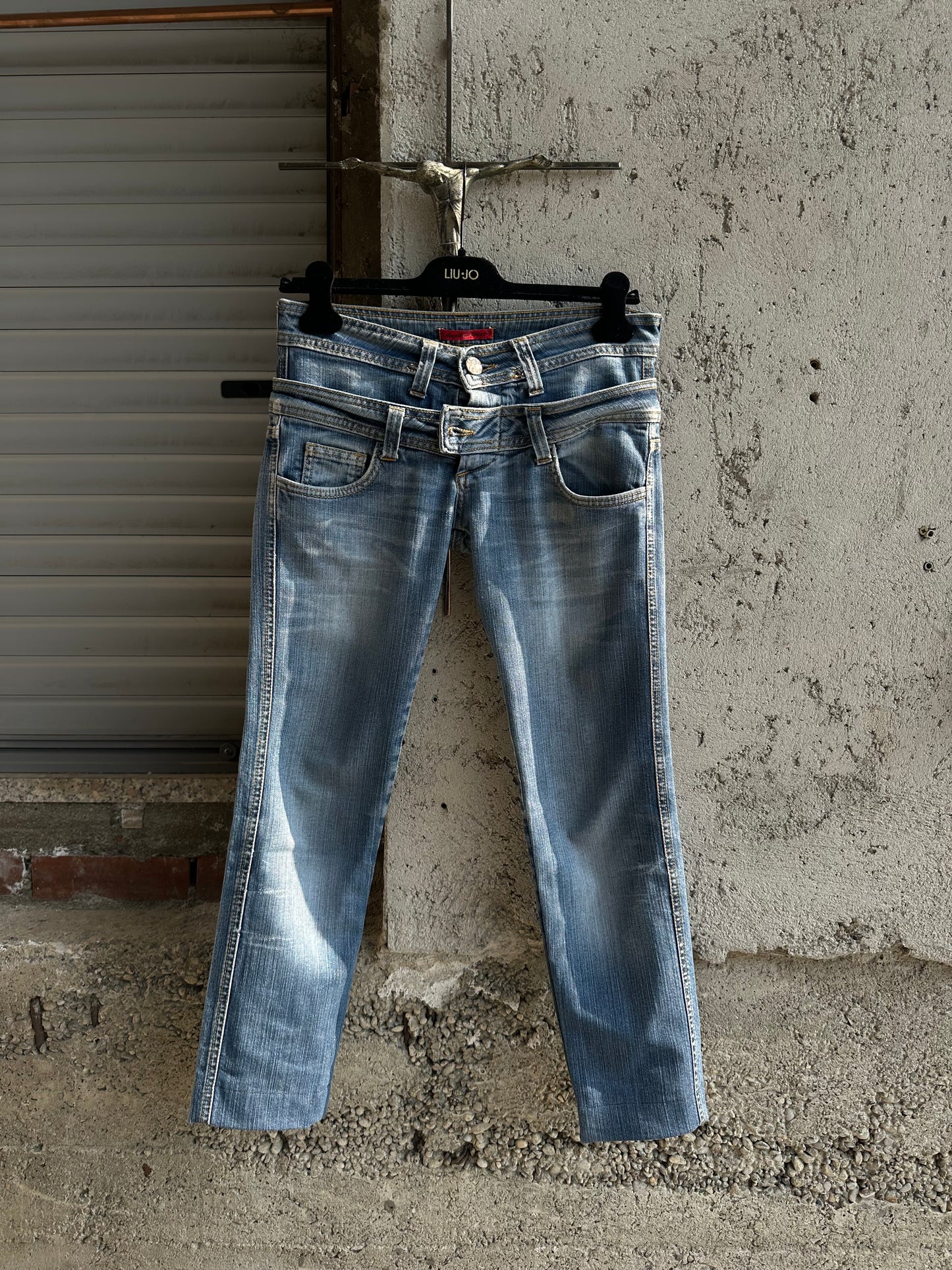 ANGEL AND DEVIL DOUBLE WAISTED DENIM PANTS