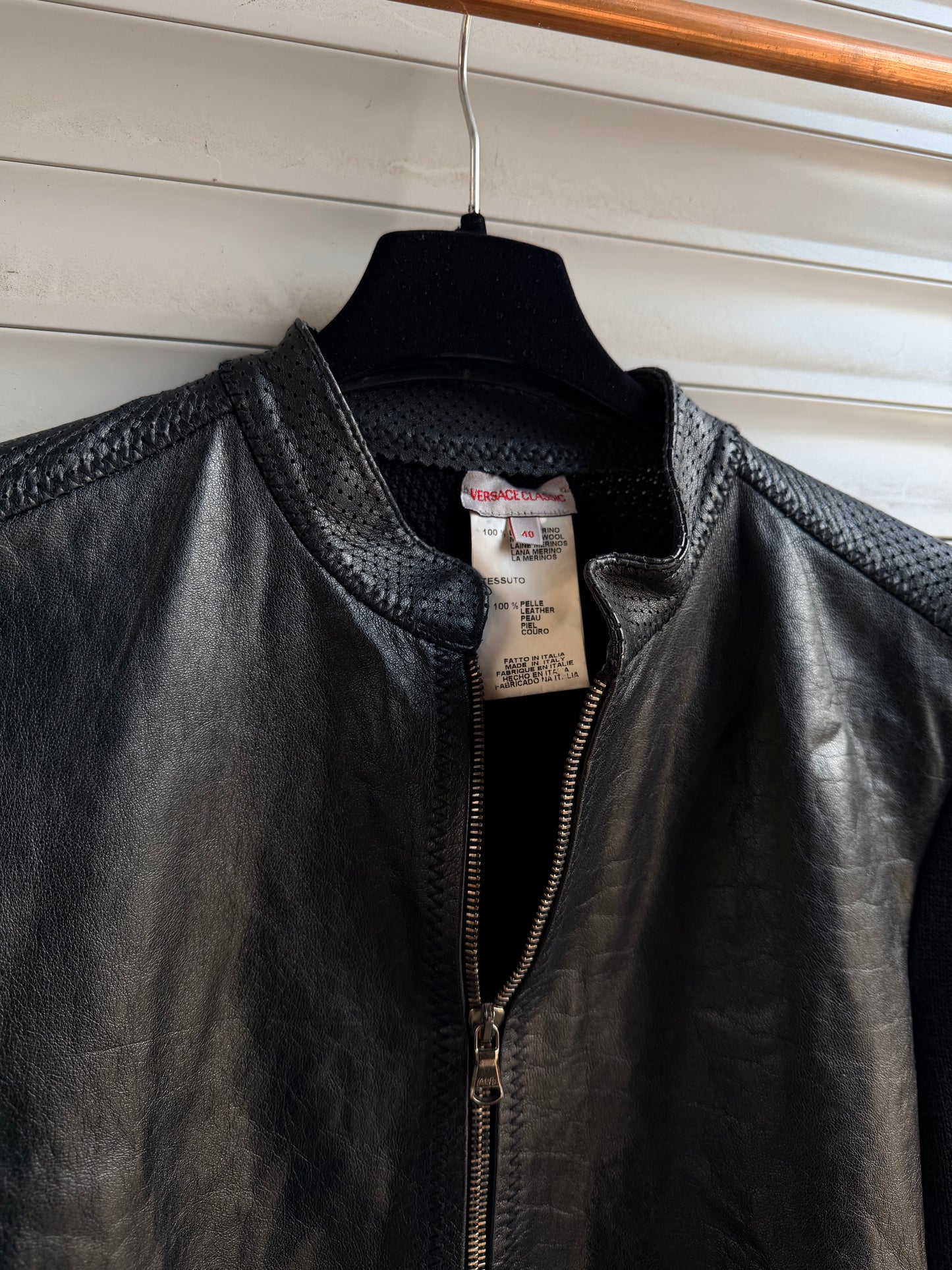 VERSACE HYBRID WOOL & LEATHER CARDIGAN