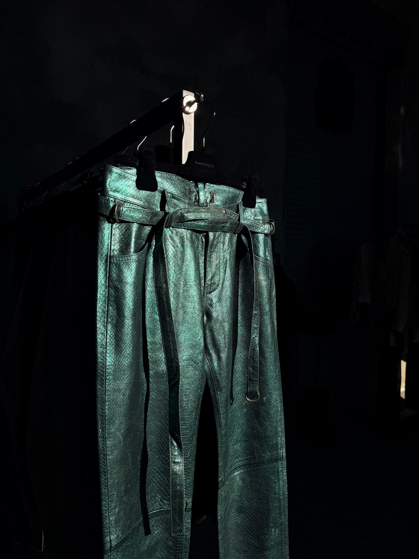DIESEL SNAKE SKIN LEATHER FLARED PANTS