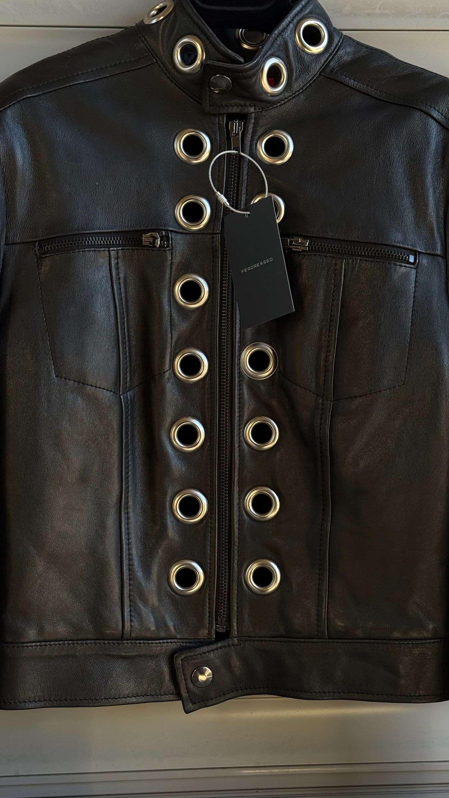 EYELETS BLACK LEATHER JACKET