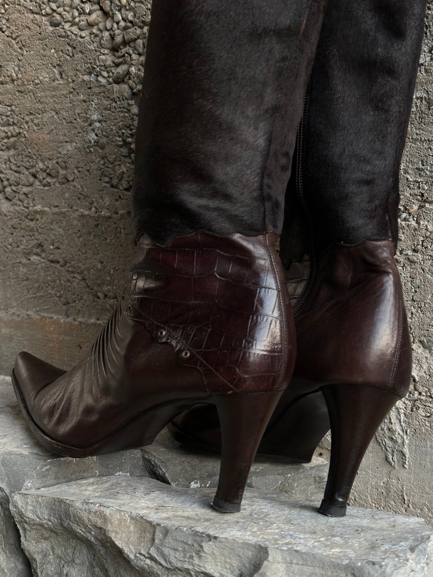 BALENCIAGA CROCO PONYHAIR LEATHER BOOTS
