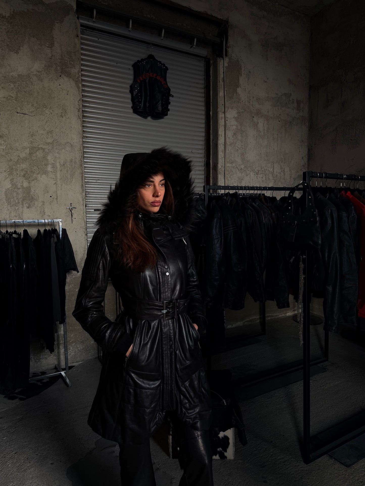 MOTOR LEATHER HOODED FUR COAT