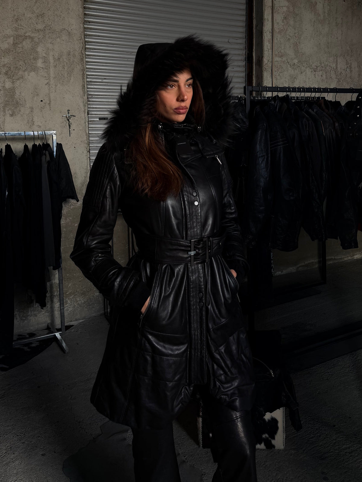 MOTOR LEATHER HOODED FUR COAT