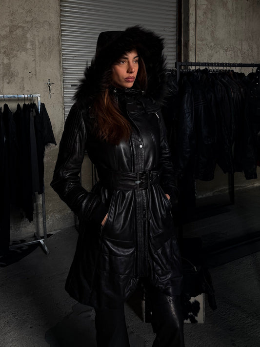 MOTOR LEATHER HOODED FUR COAT
