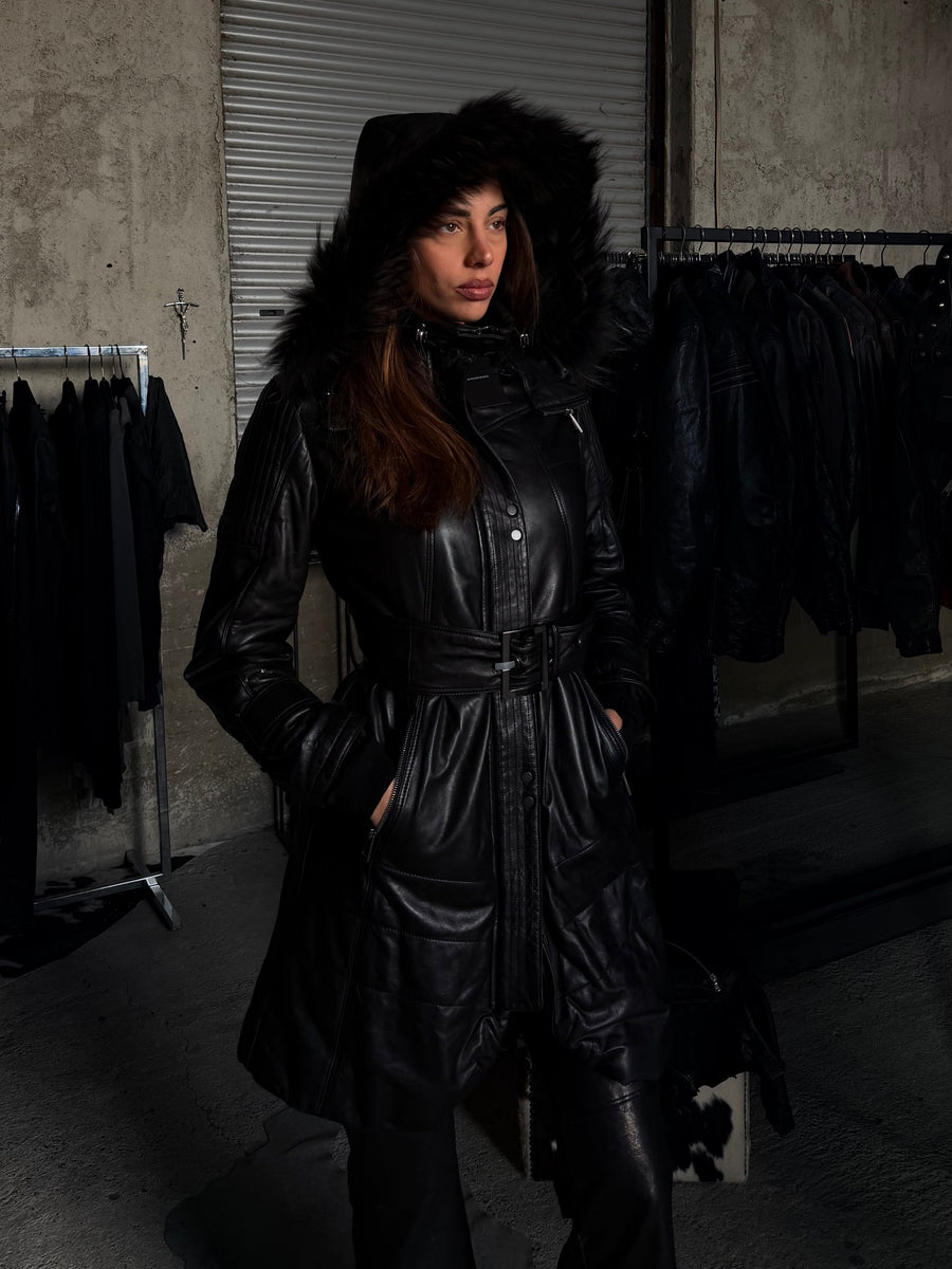 MOTOR LEATHER HOODED FUR COAT