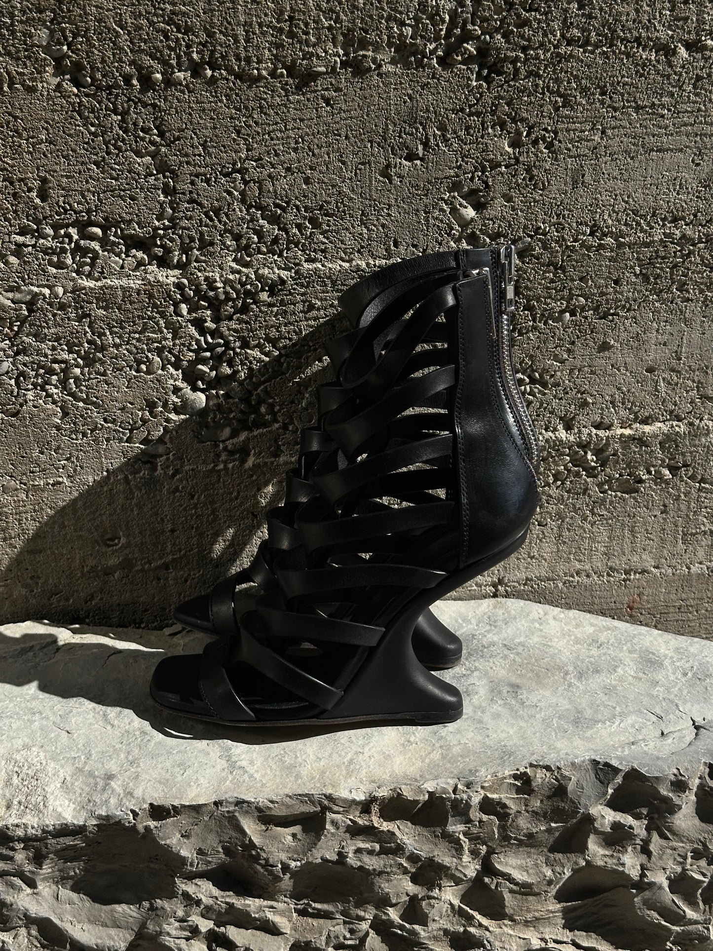 RICK OWENS NAUTILUS CANTILEVERED GLADIATOR WEDGE LEATHER SANDALS