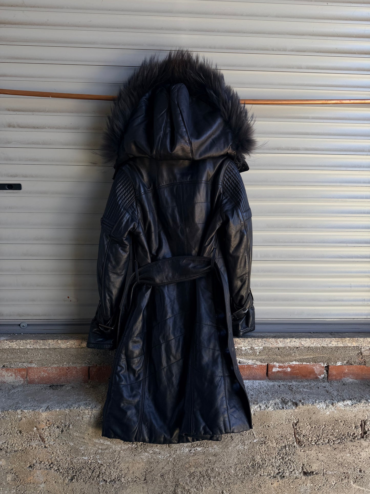 MOTOR LEATHER HOODED FUR COAT