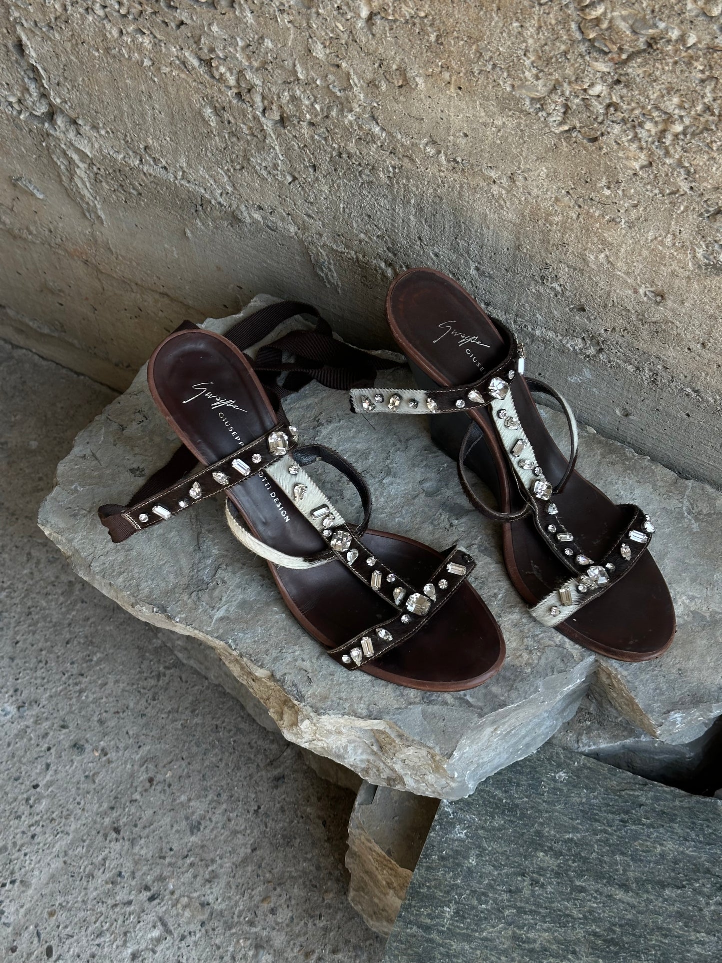 GIUSEPPE ZANOTTI WEDGE PONYHAIR GLADIATOR SANDALS