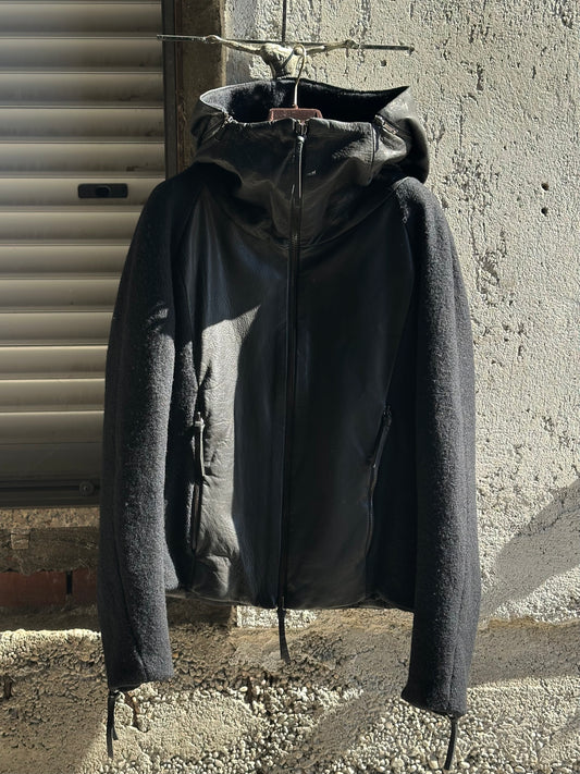 GIORGIO ARMANI LEATHER AND WOOL HOODED JACKET