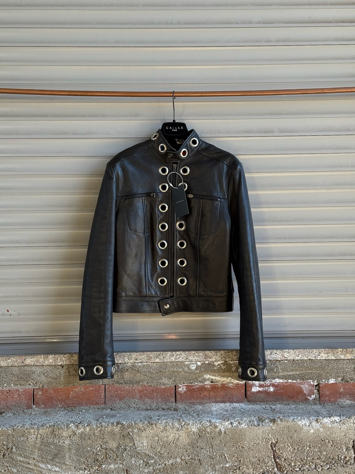 EYELETS BLACK LEATHER JACKET