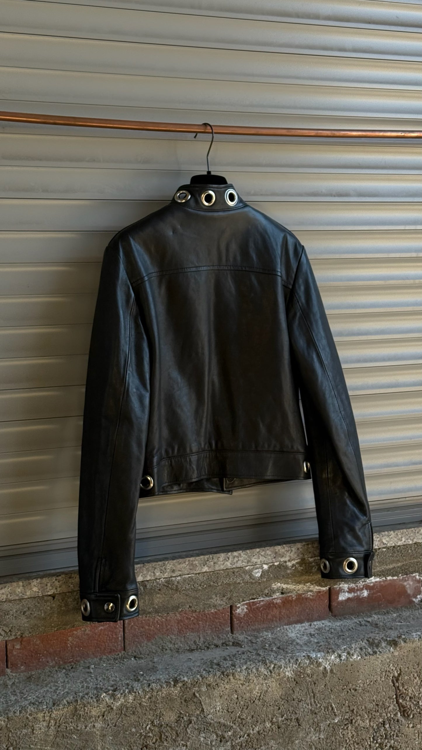 EYELETS BLACK LEATHER JACKET