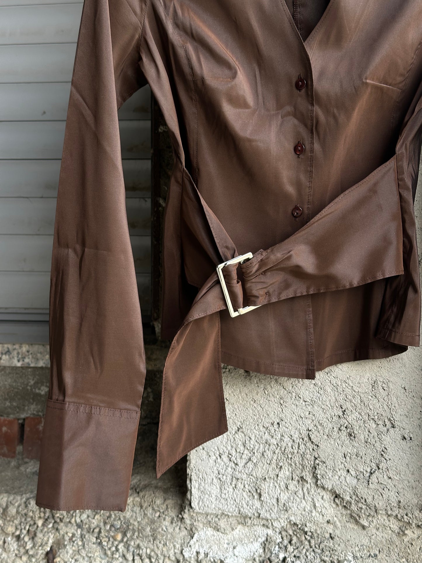 GLOSSY BELTED BROWN SHIRT