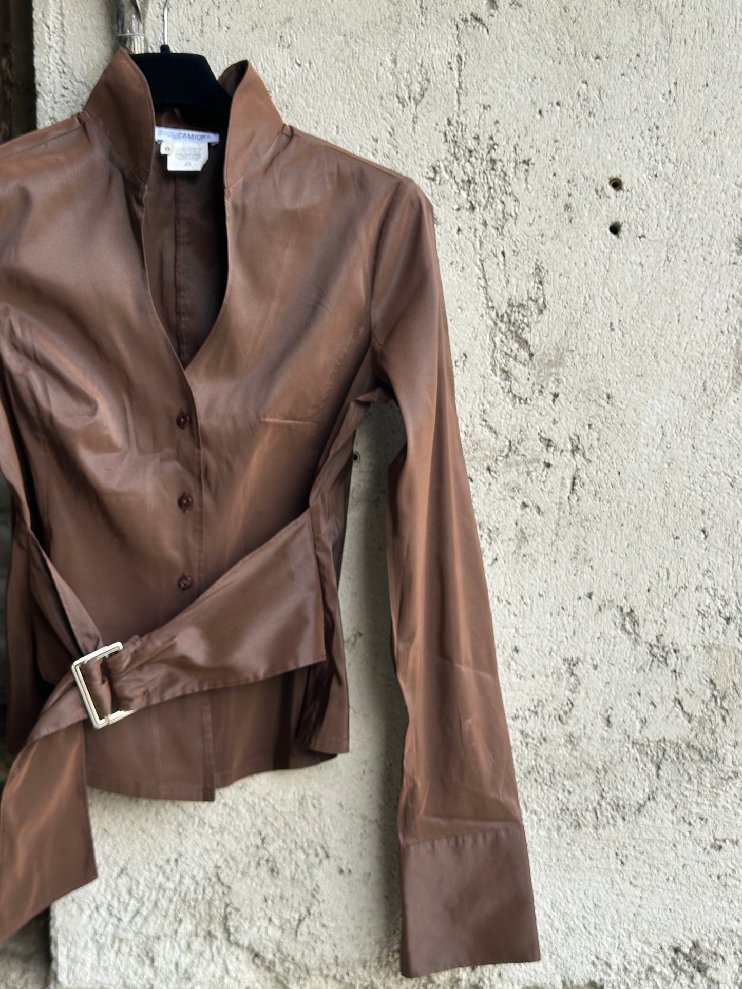 GLOSSY BELTED BROWN SHIRT