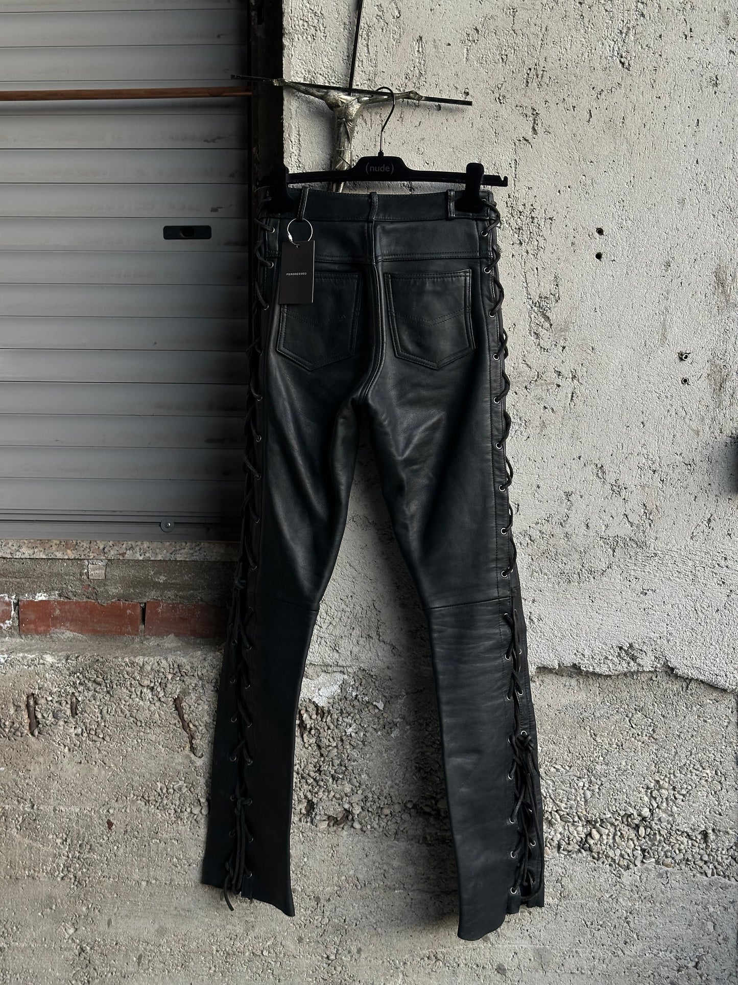 MOTOR LEATHER TROUSERS WITH SIDE LACE-UP DETAIL