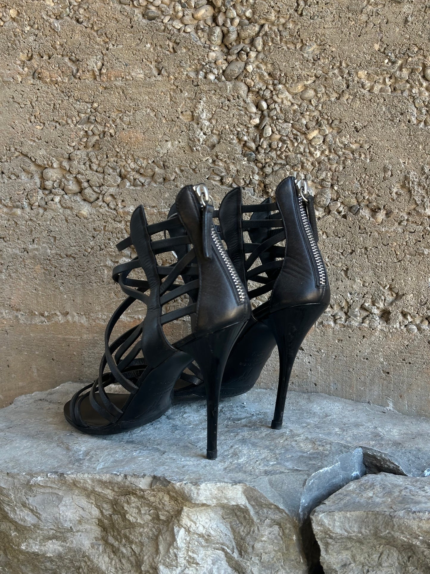 GIUSEPPE ZANOTTI LEATHER STRIPES GLADIATOR HEELS