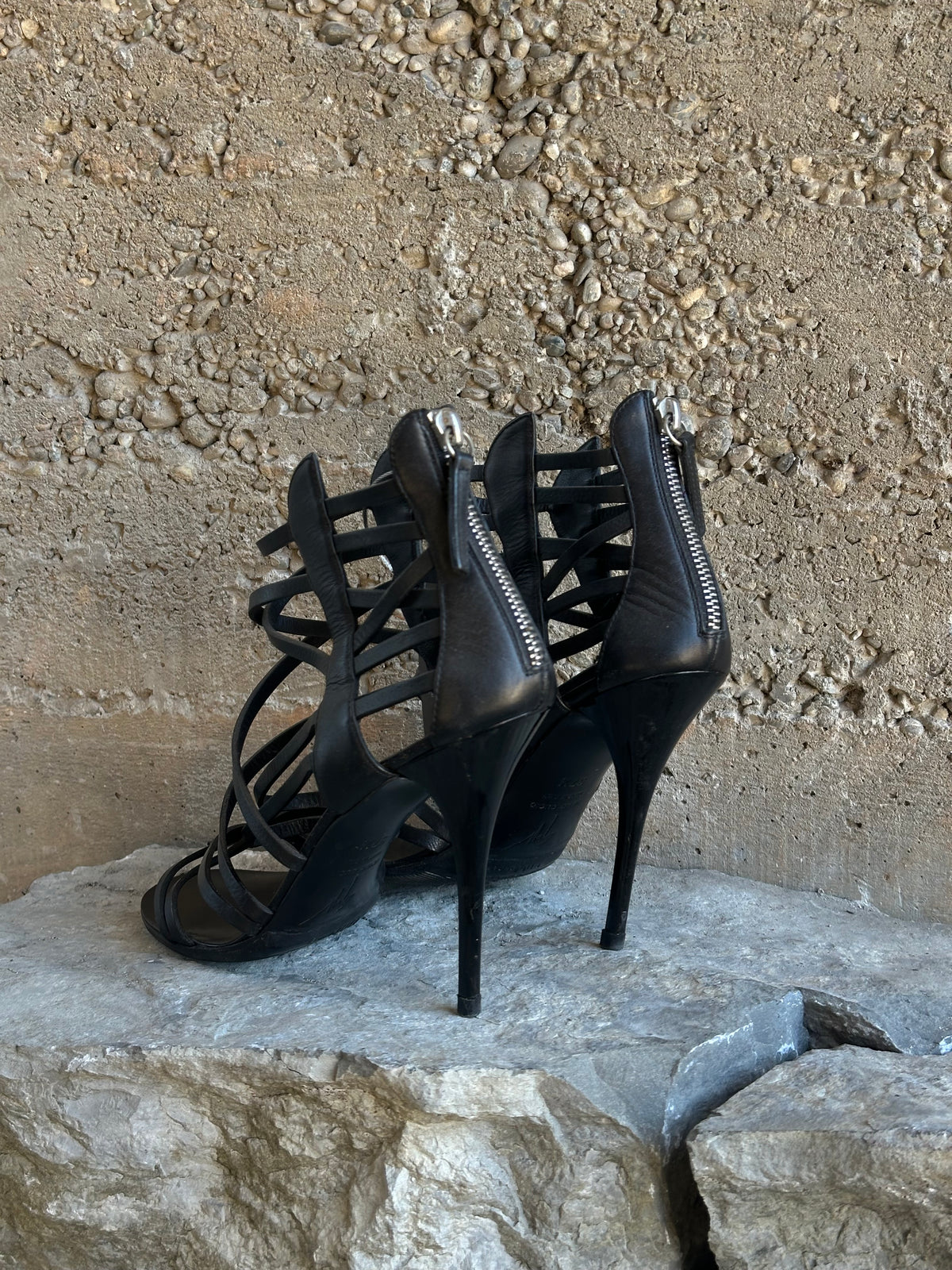 GIUSEPPE ZANOTTI LEATHER STRIPES GLADIATOR HEELS