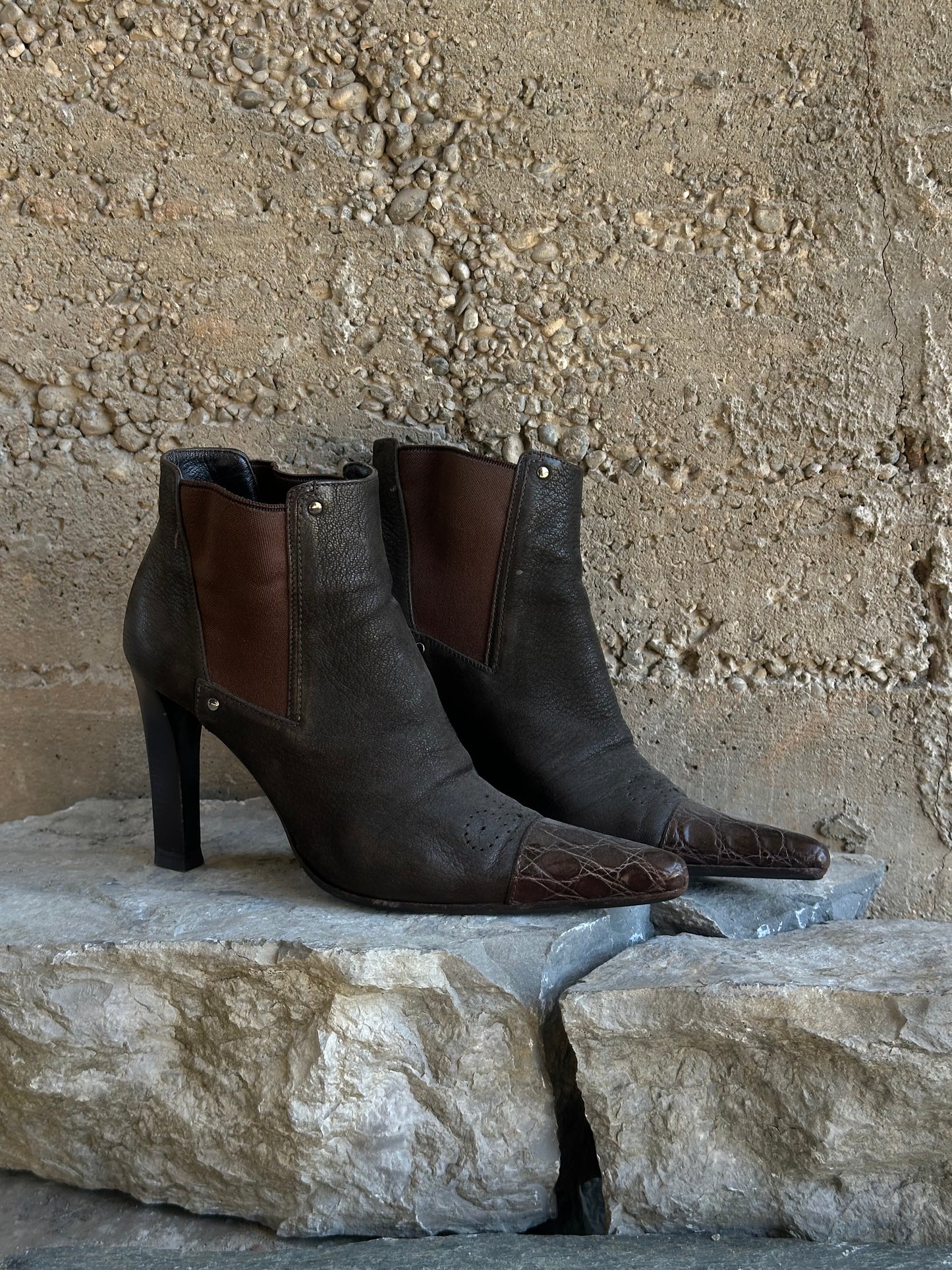 PRADA CROCO TOE ANKLE BOOTS
