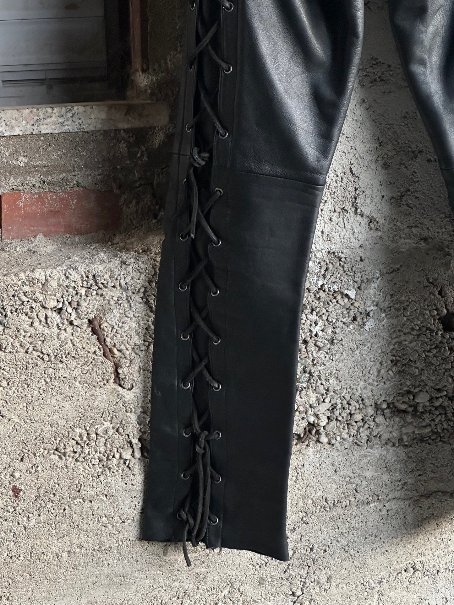 MOTOR LEATHER TROUSERS WITH SIDE LACE-UP DETAIL
