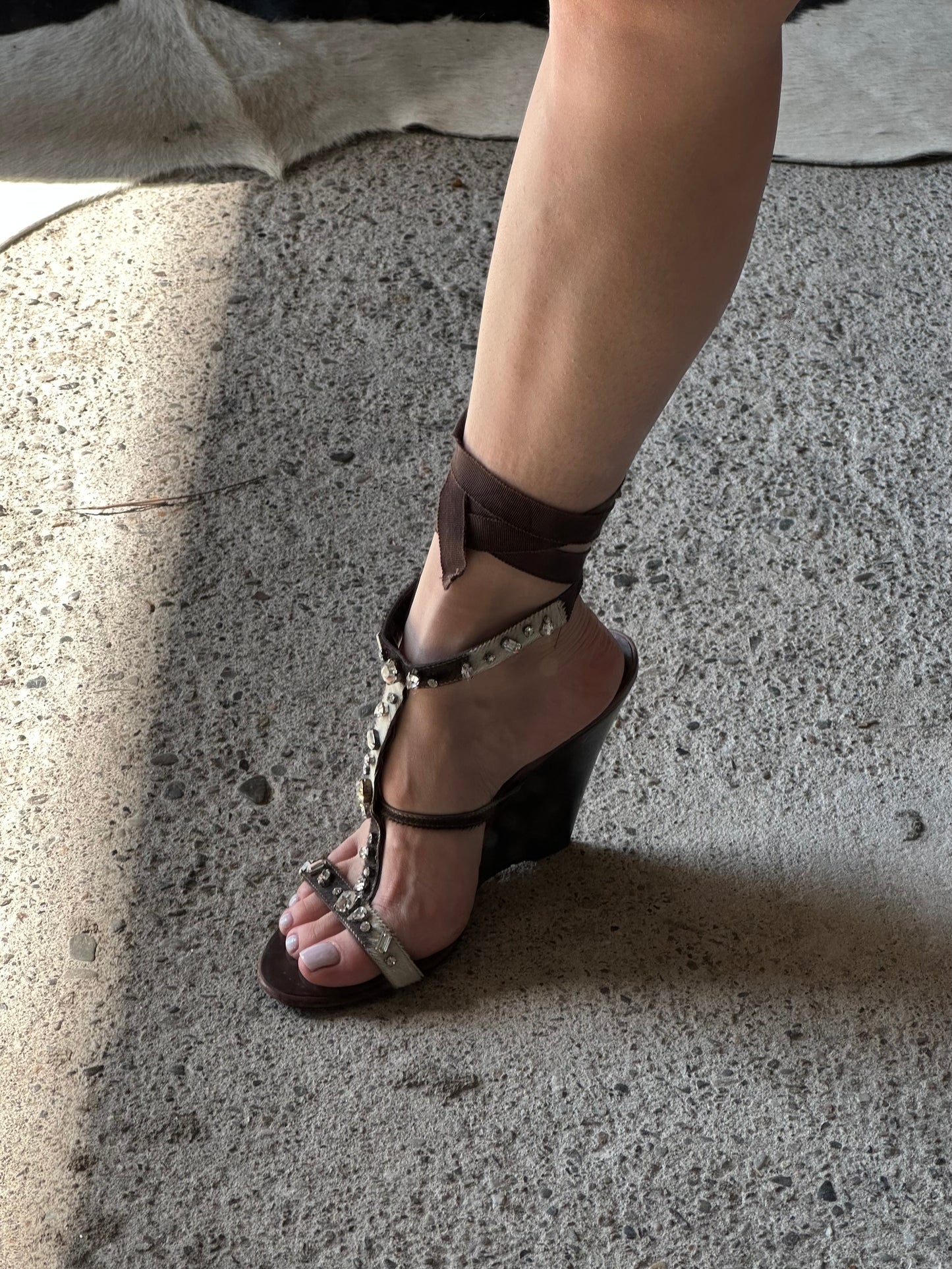 GIUSEPPE ZANOTTI WEDGE PONYHAIR GLADIATOR SANDALS