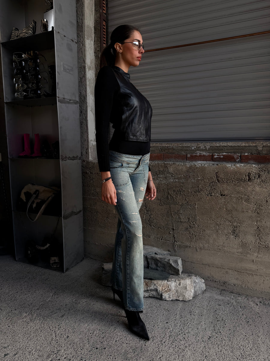 VERSACE HYBRID WOOL & LEATHER CARDIGAN