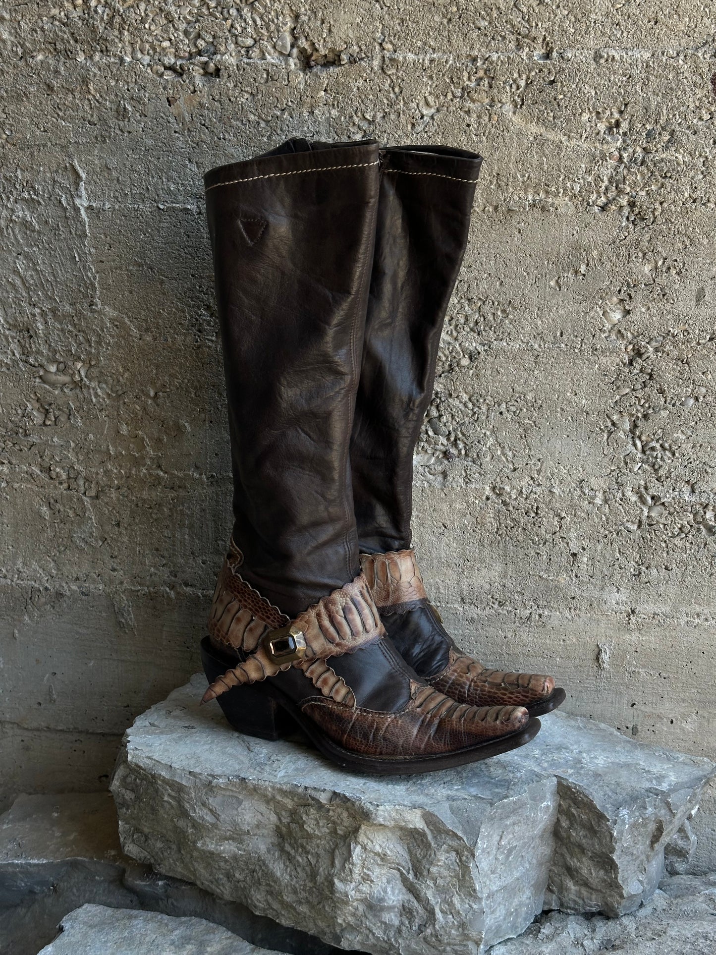 SNAKESKIN WASHED BROWN LEATHER BOOTS