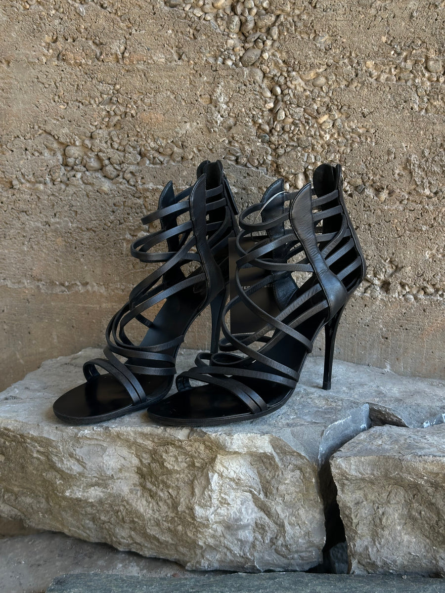 GIUSEPPE ZANOTTI LEATHER STRIPES GLADIATOR HEELS