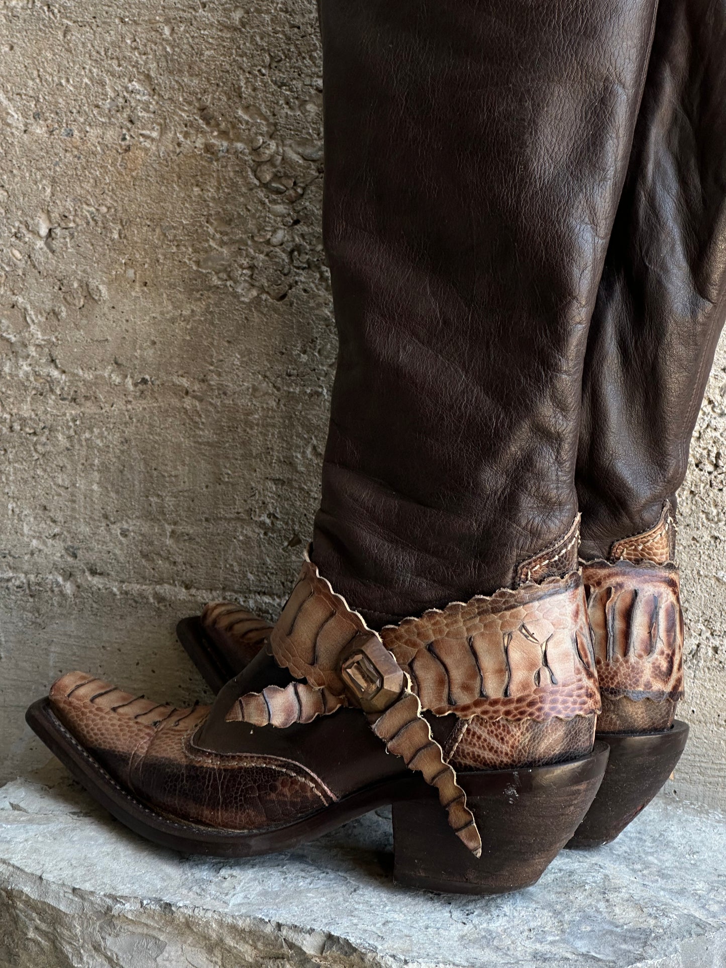SNAKESKIN WASHED BROWN LEATHER BOOTS