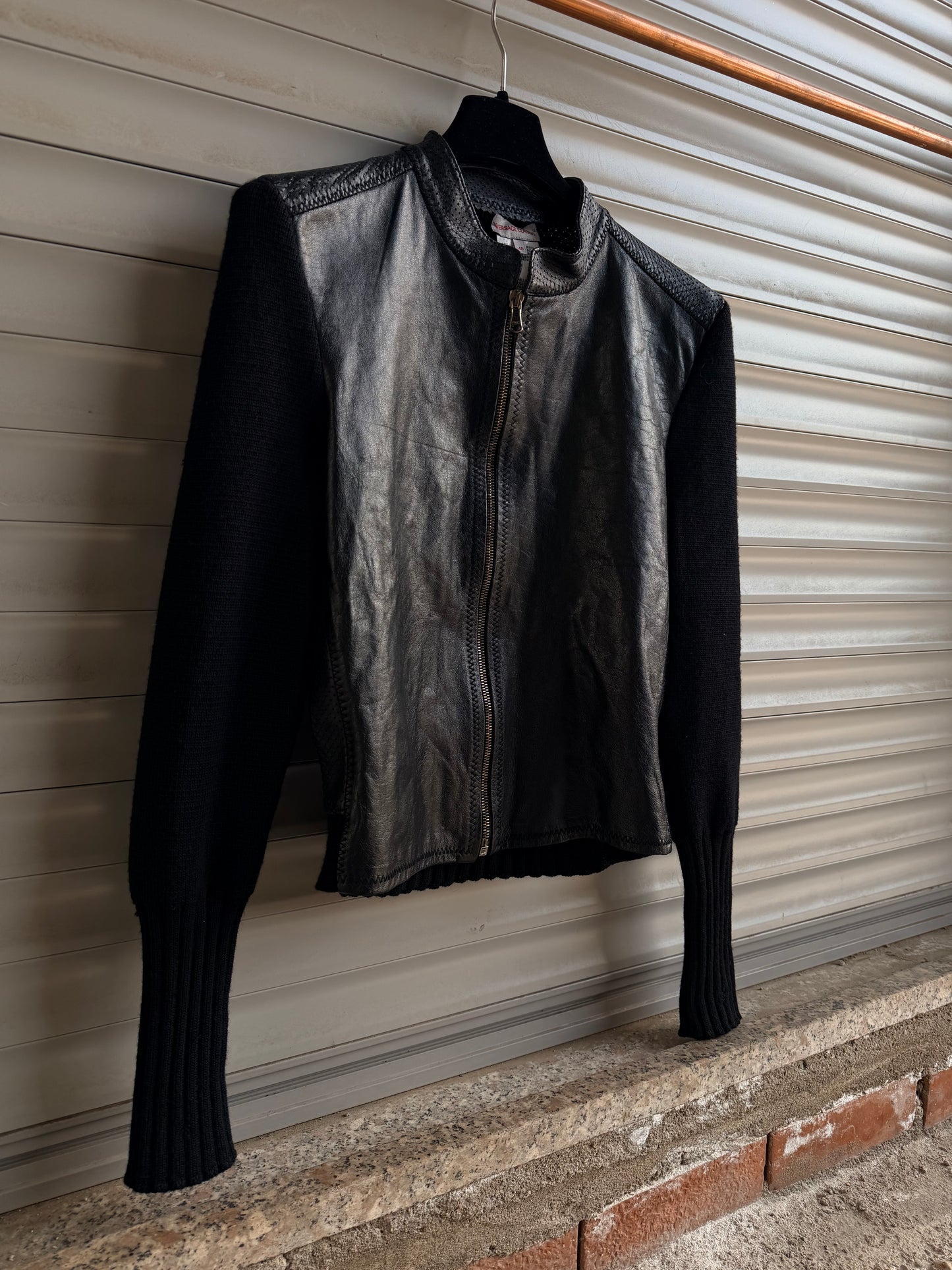 VERSACE HYBRID WOOL & LEATHER CARDIGAN