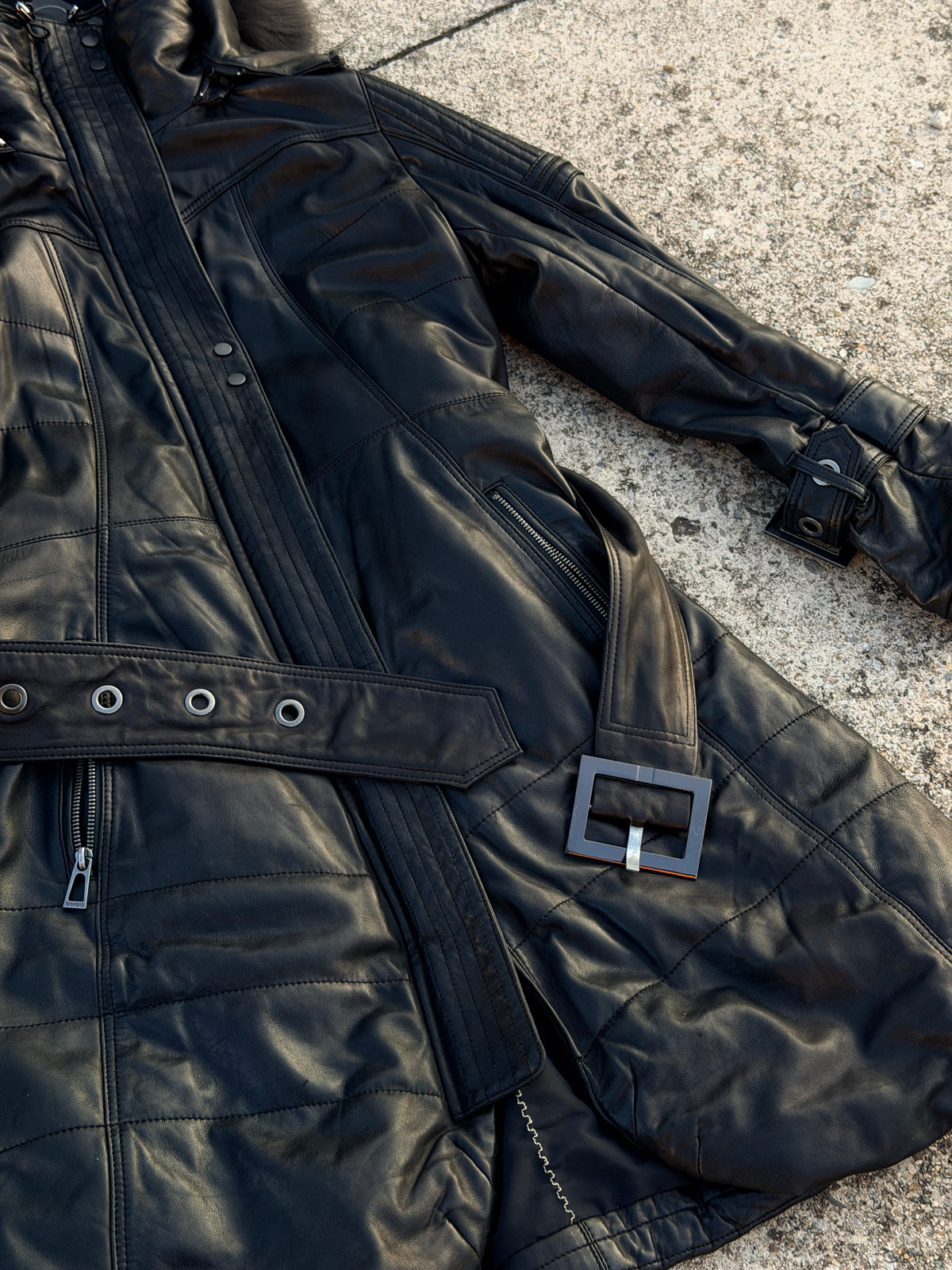 MOTOR LEATHER HOODED FUR COAT