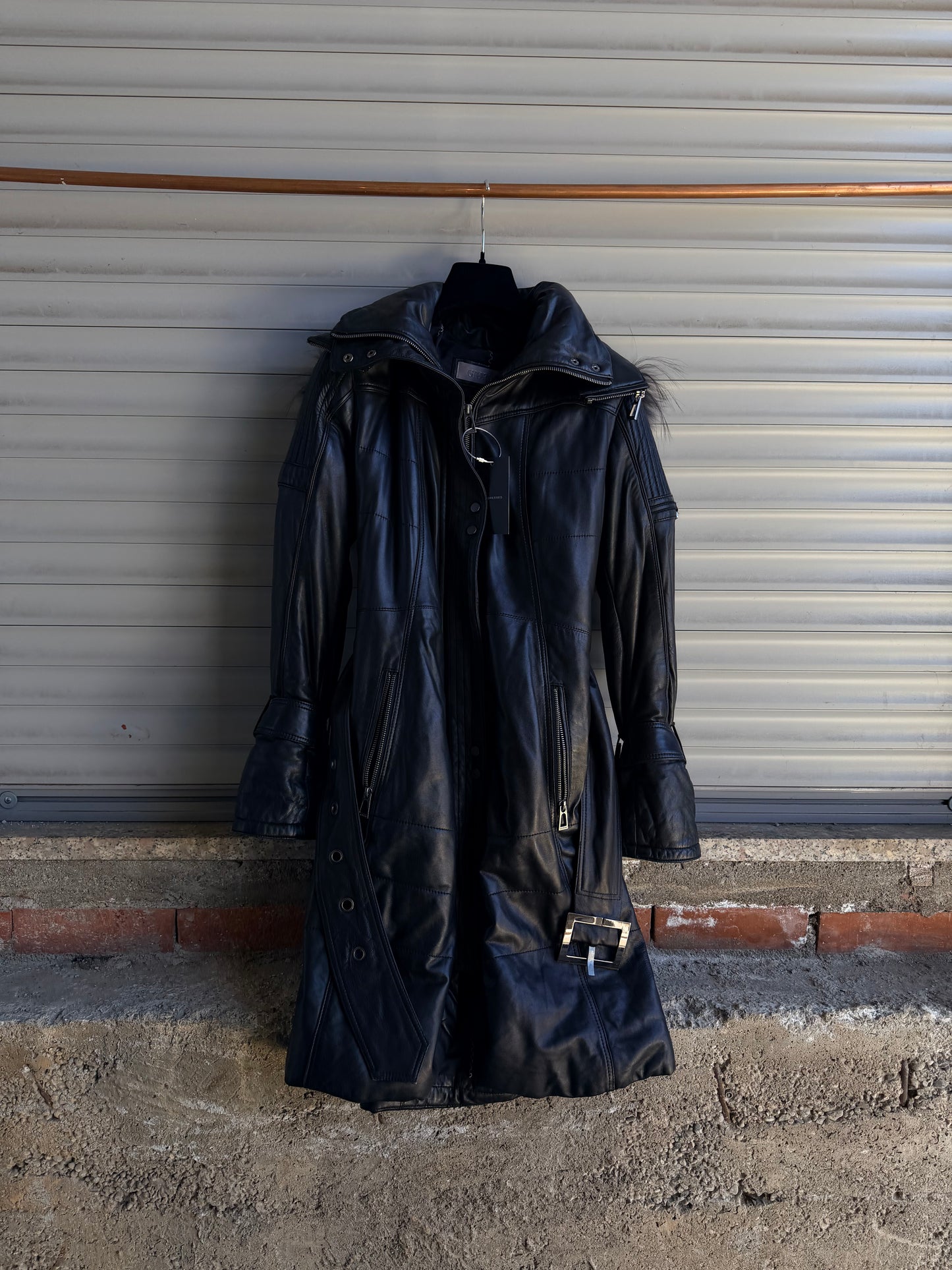 MOTOR LEATHER HOODED FUR COAT