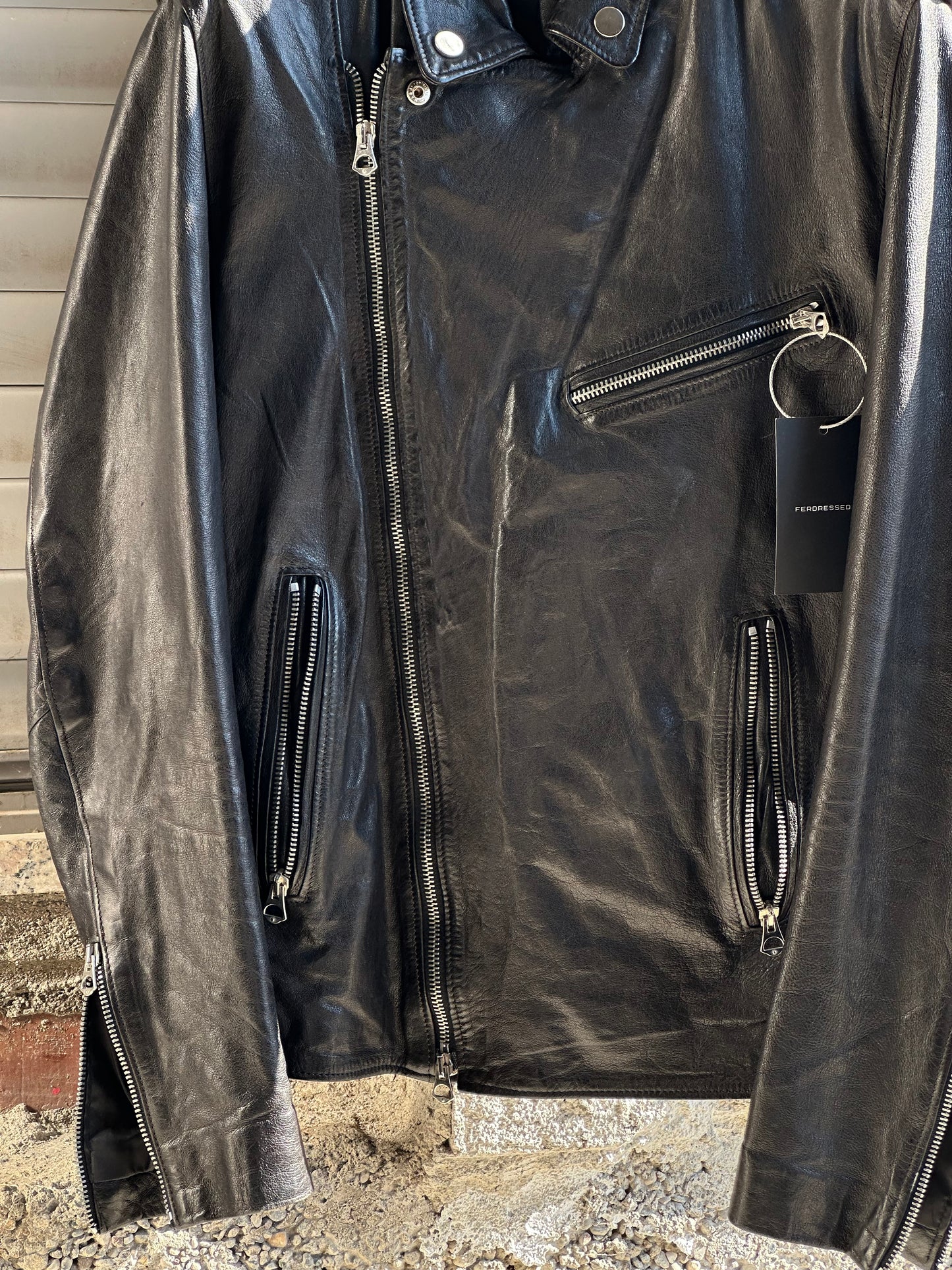 BLACK LEATHER ASYMMETRIC ZIP JACKET