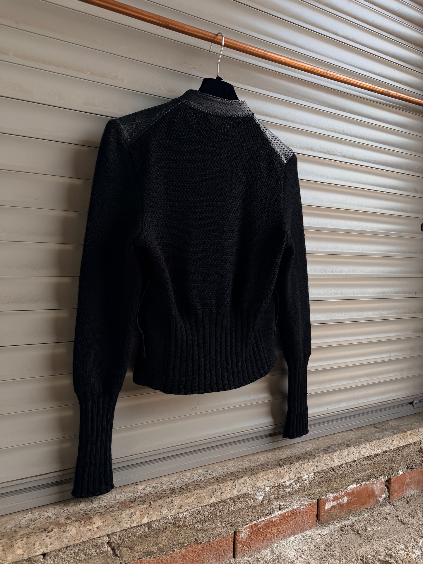 VERSACE HYBRID WOOL & LEATHER CARDIGAN