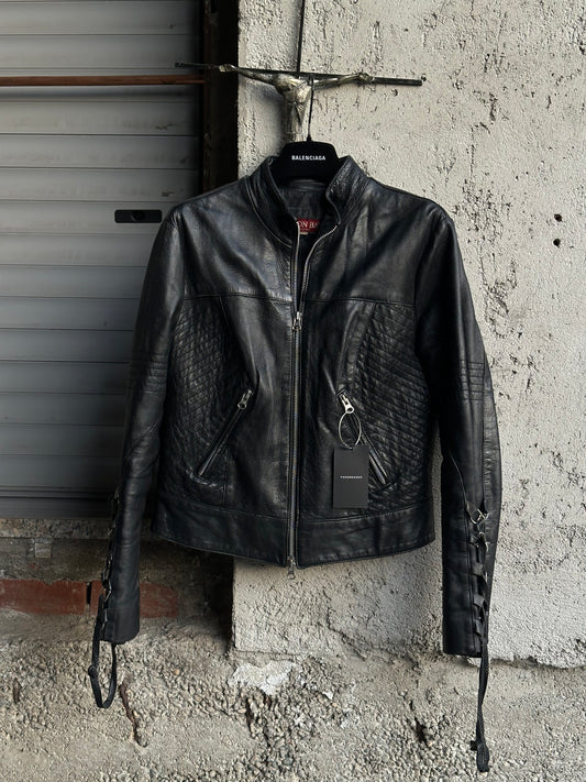 BLACK LEATHER JACKET WITH SLEEVE LACE-UP