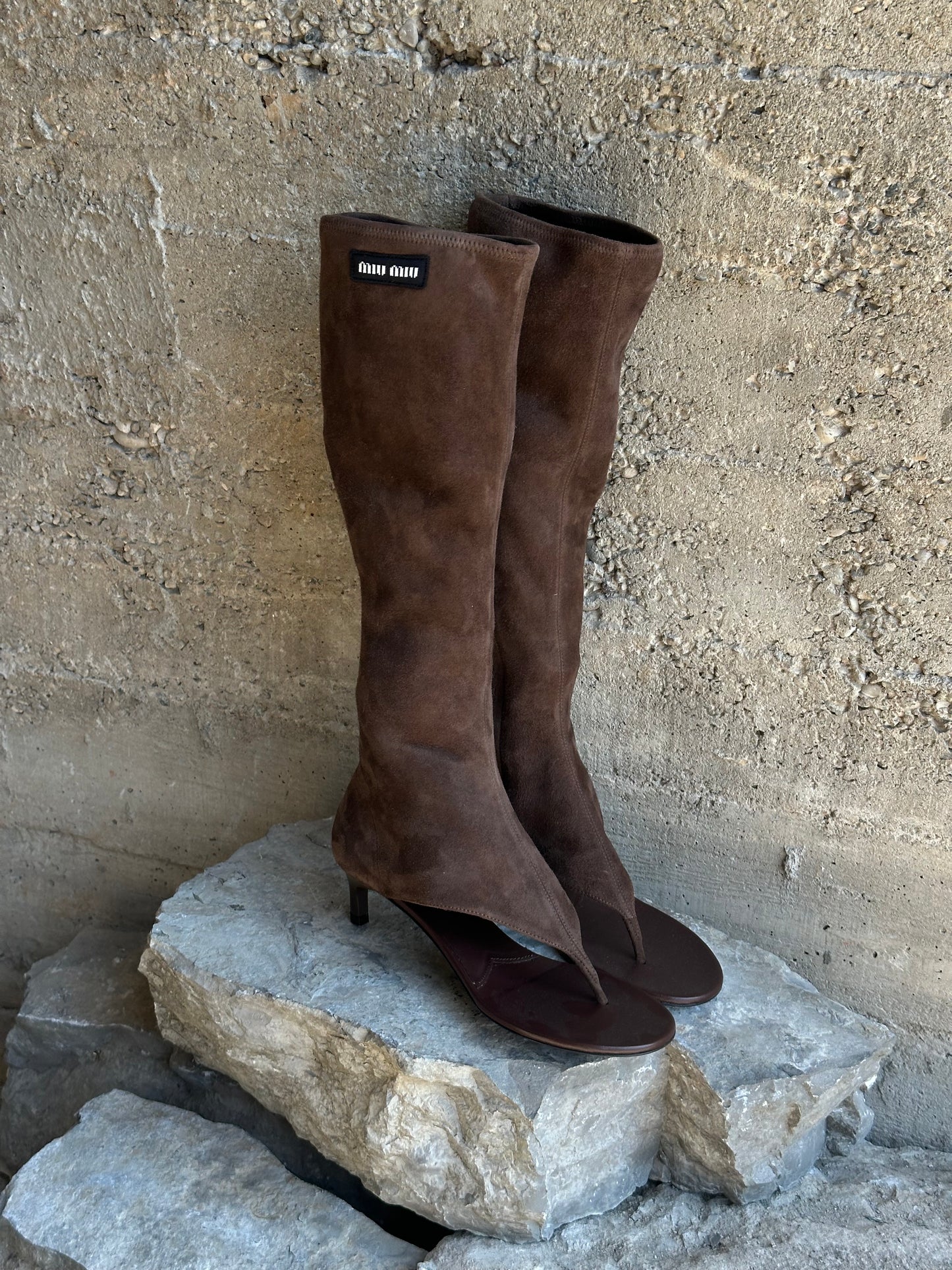 MIU MIU BROWN SUEDE THONG BOOTS