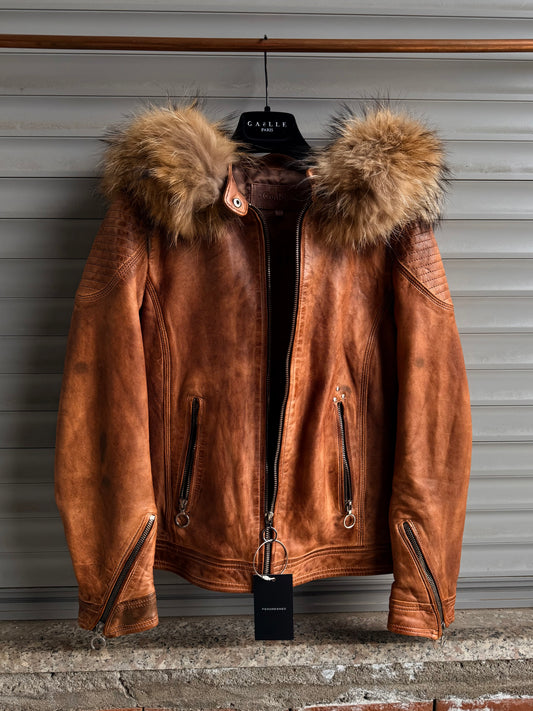 FUR HOODED CARAMEL LEATHER BIKER