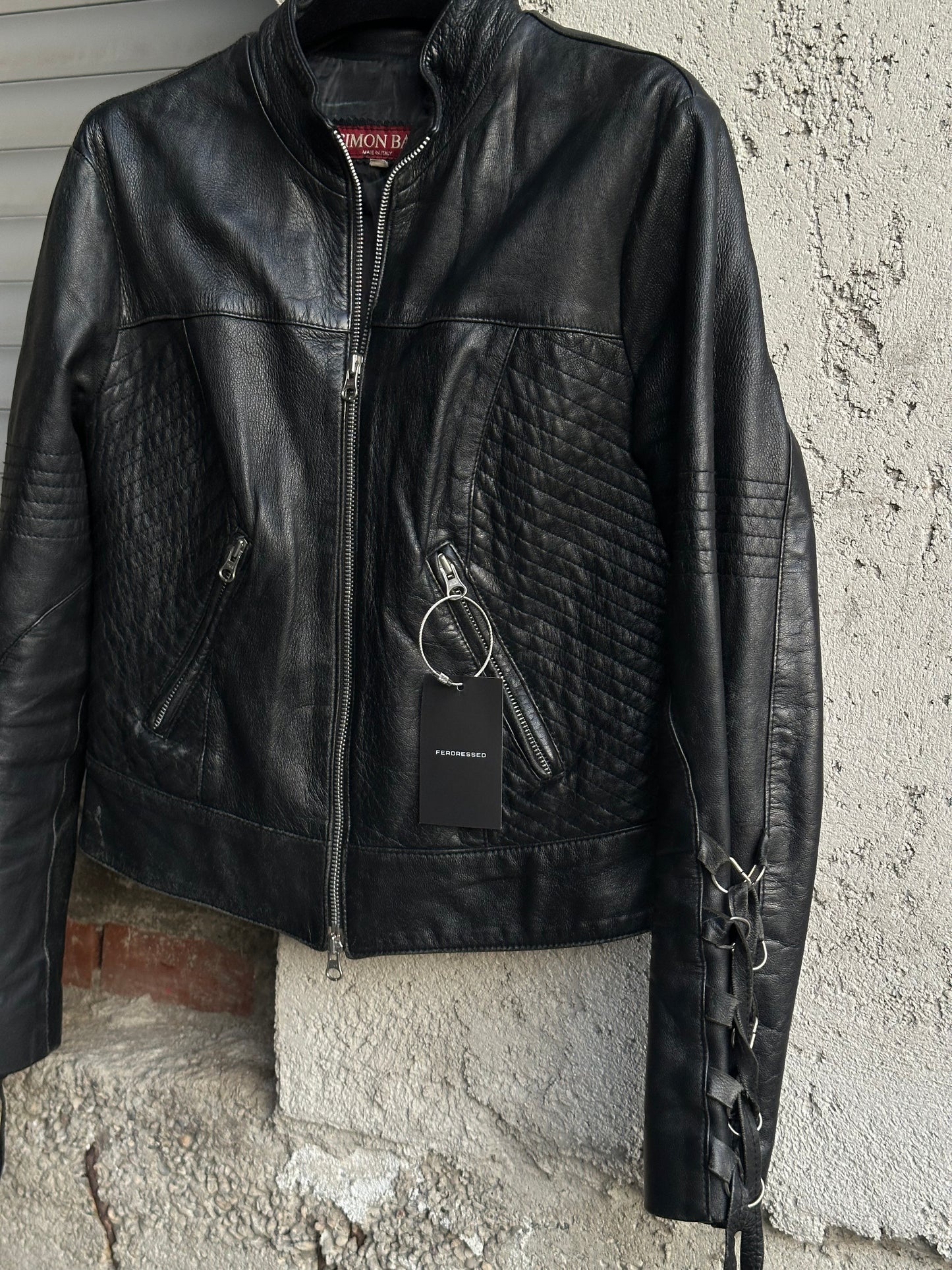 BLACK LEATHER JACKET WITH SLEEVE LACE-UP