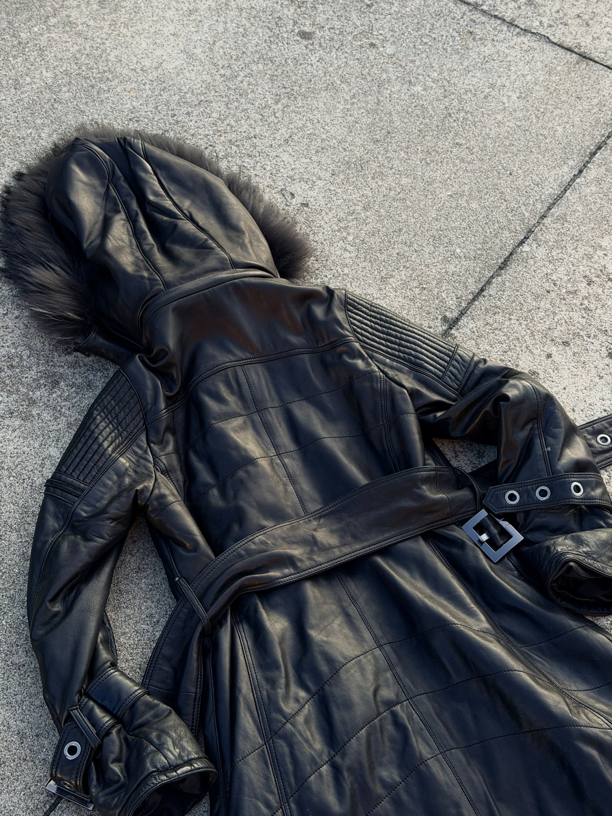 MOTOR LEATHER HOODED FUR COAT