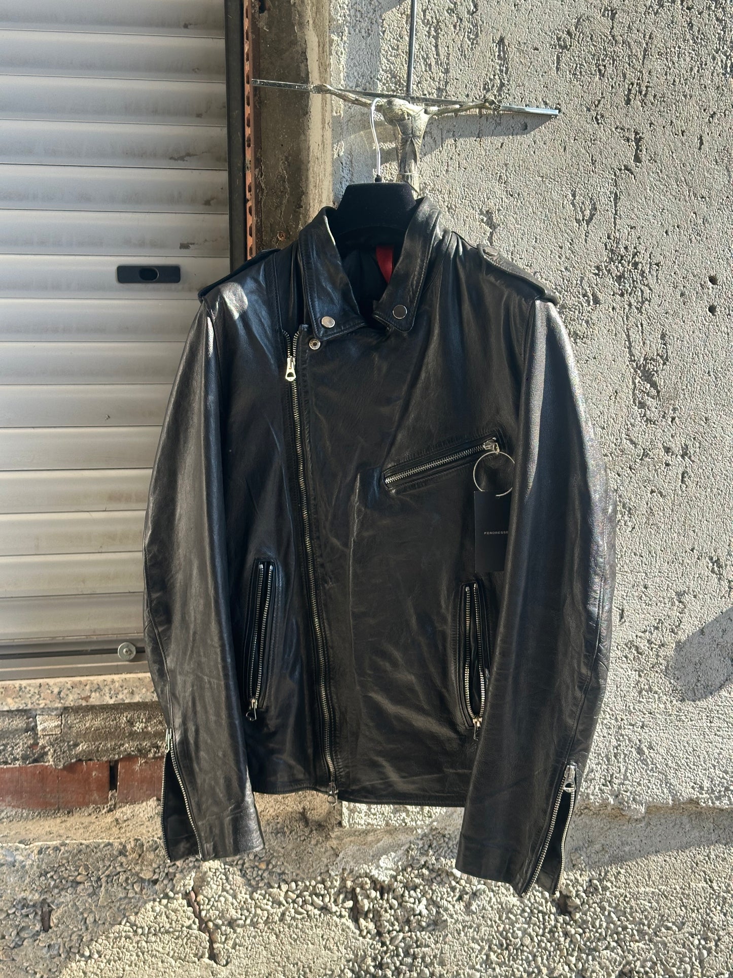 BLACK LEATHER ASYMMETRIC ZIP JACKET