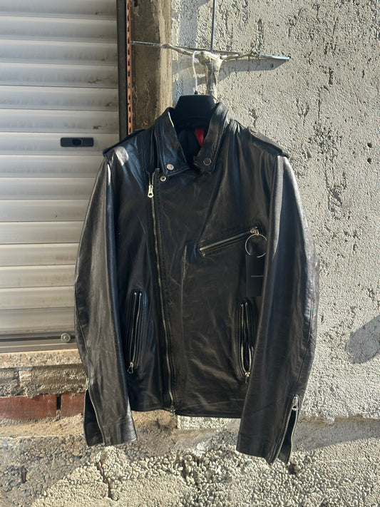 BLACK LEATHER ASYMMETRIC ZIP JACKET